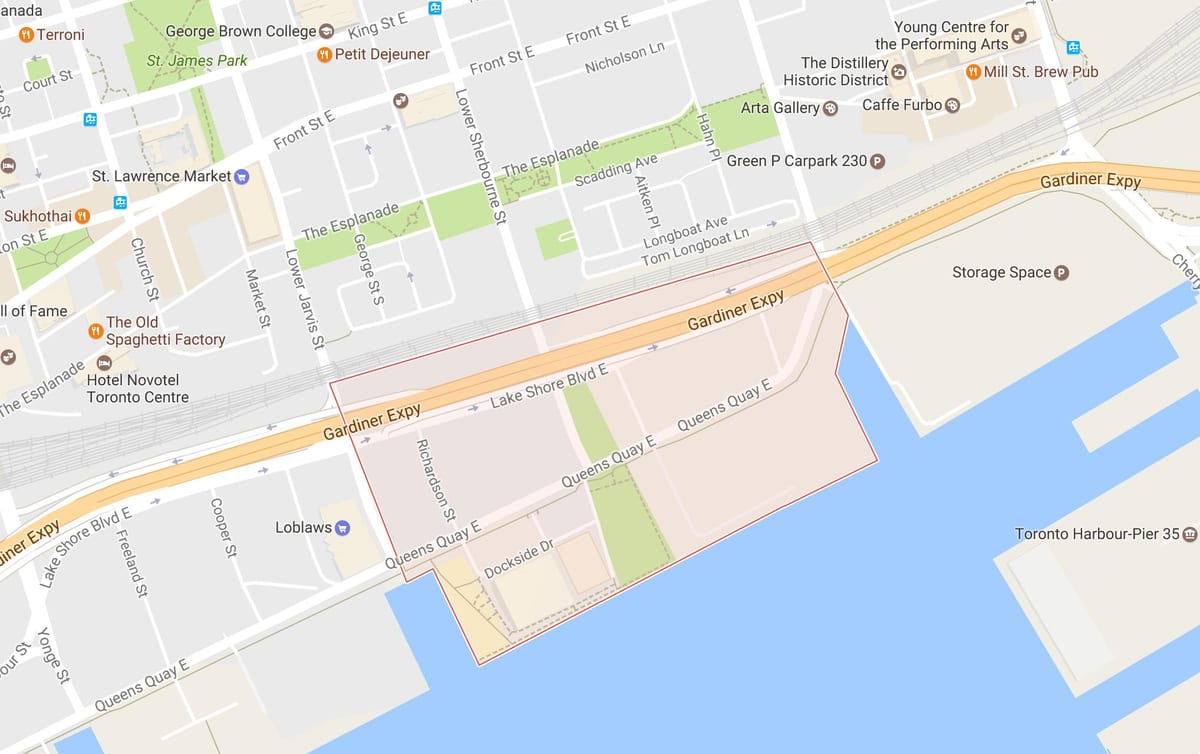 Kort over Øst Bayfront kvarter Toronto