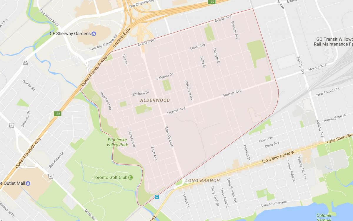 Kort over Alderwood Parkview kvarter Toronto