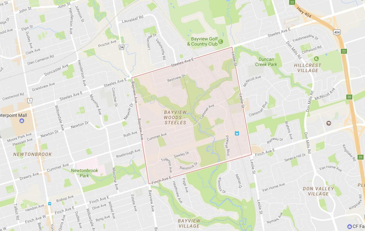 Kort over Bayview Woods – Steeles kvarter Toronto