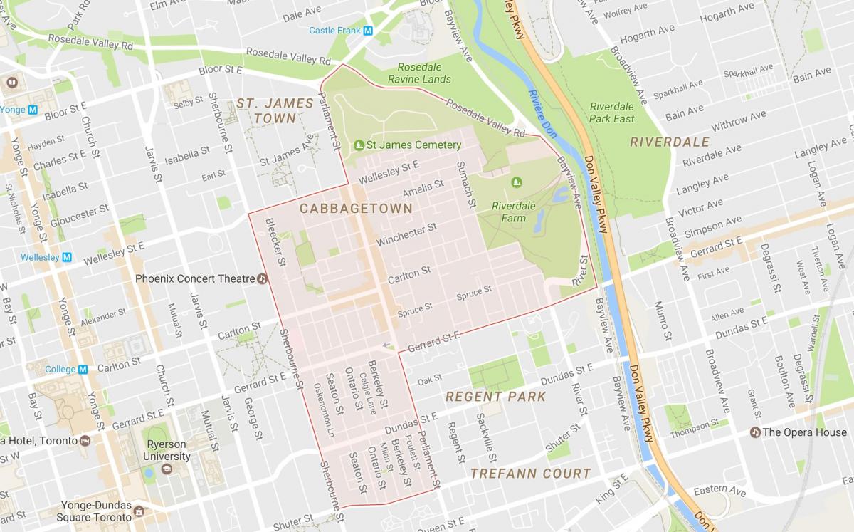 Kort over Cabbagetown kvarter Toronto