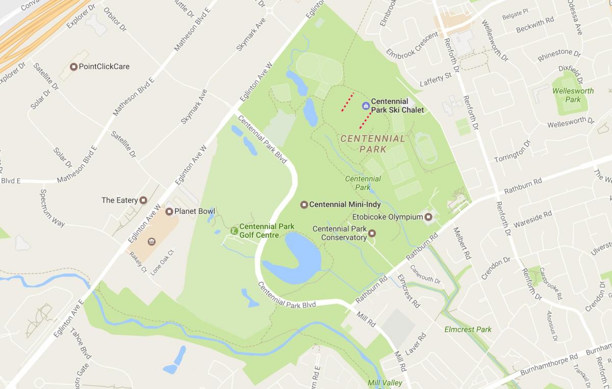 Kort over Centennial Park kvarter Toronto