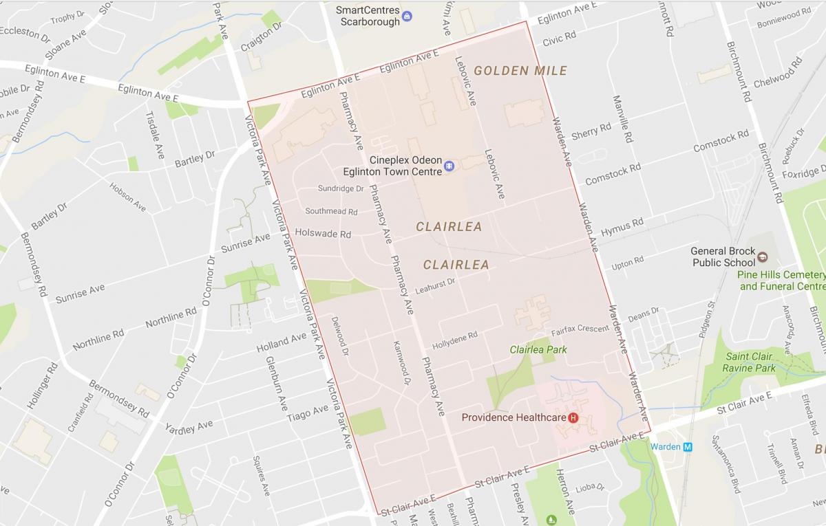 Kort over Clairlea kvarter Toronto