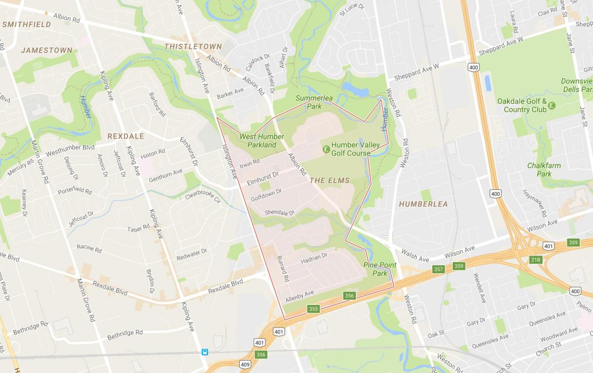 Kort over Elmetræer kvarter Toronto