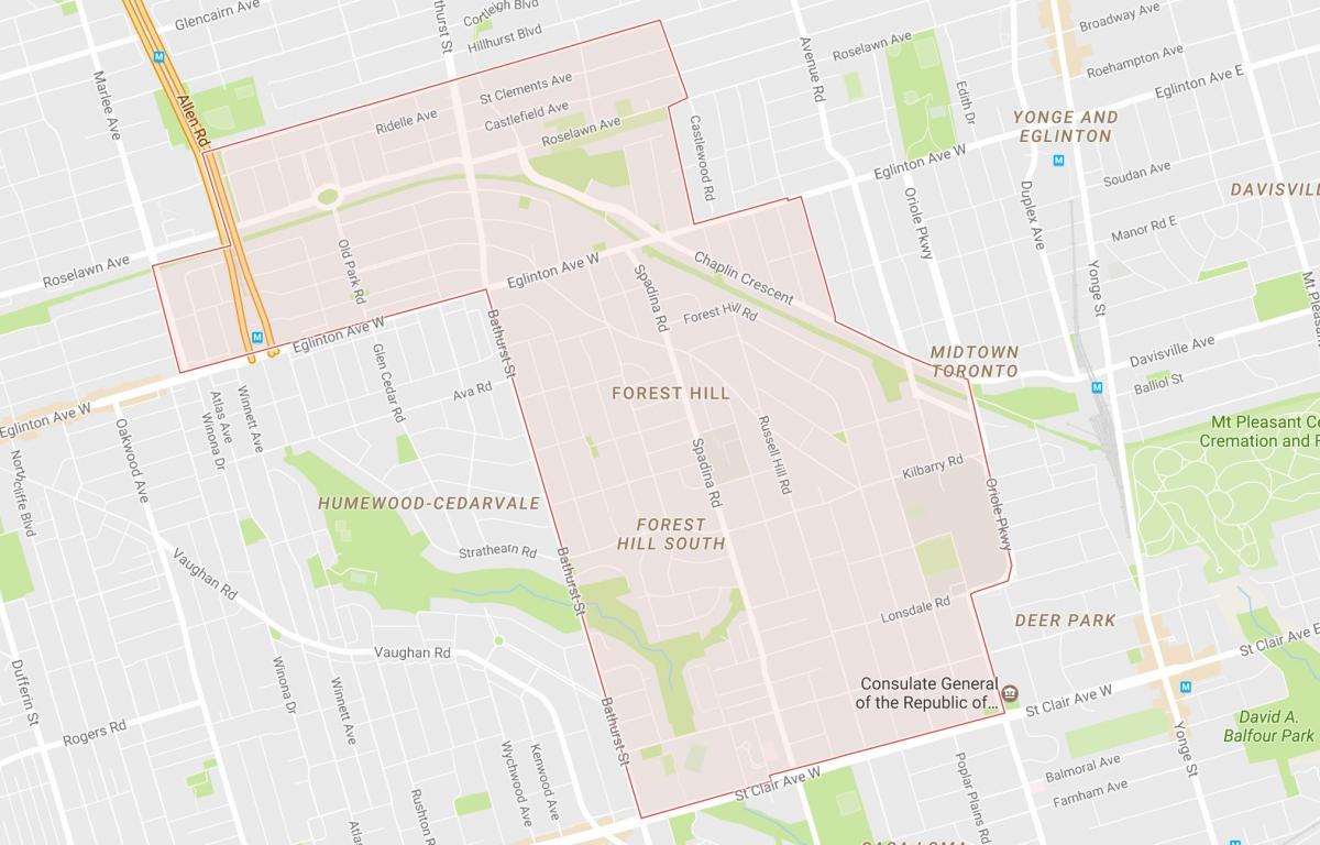 Kort af Forest Hill-kvarter Toronto