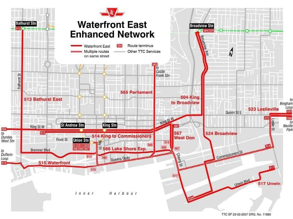 Kort over Havnefronten Øst forbedret netværk Toronto