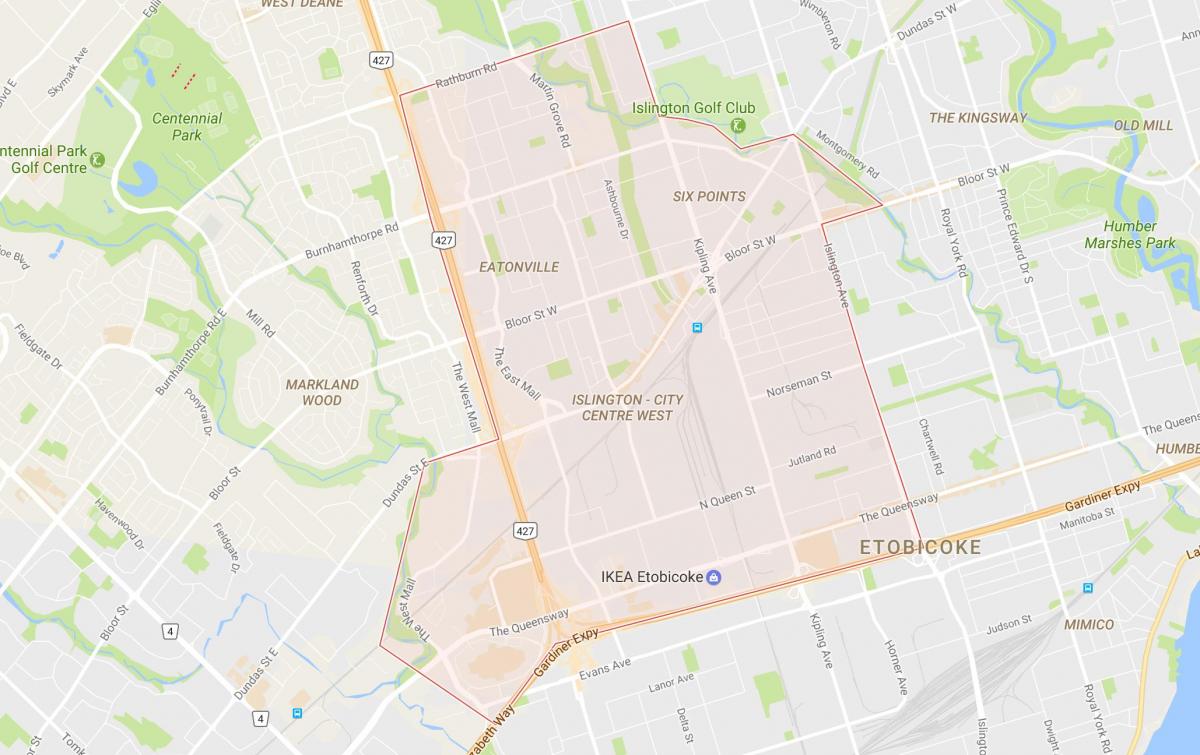 Kort Islington-City Center West-kvarter Toronto