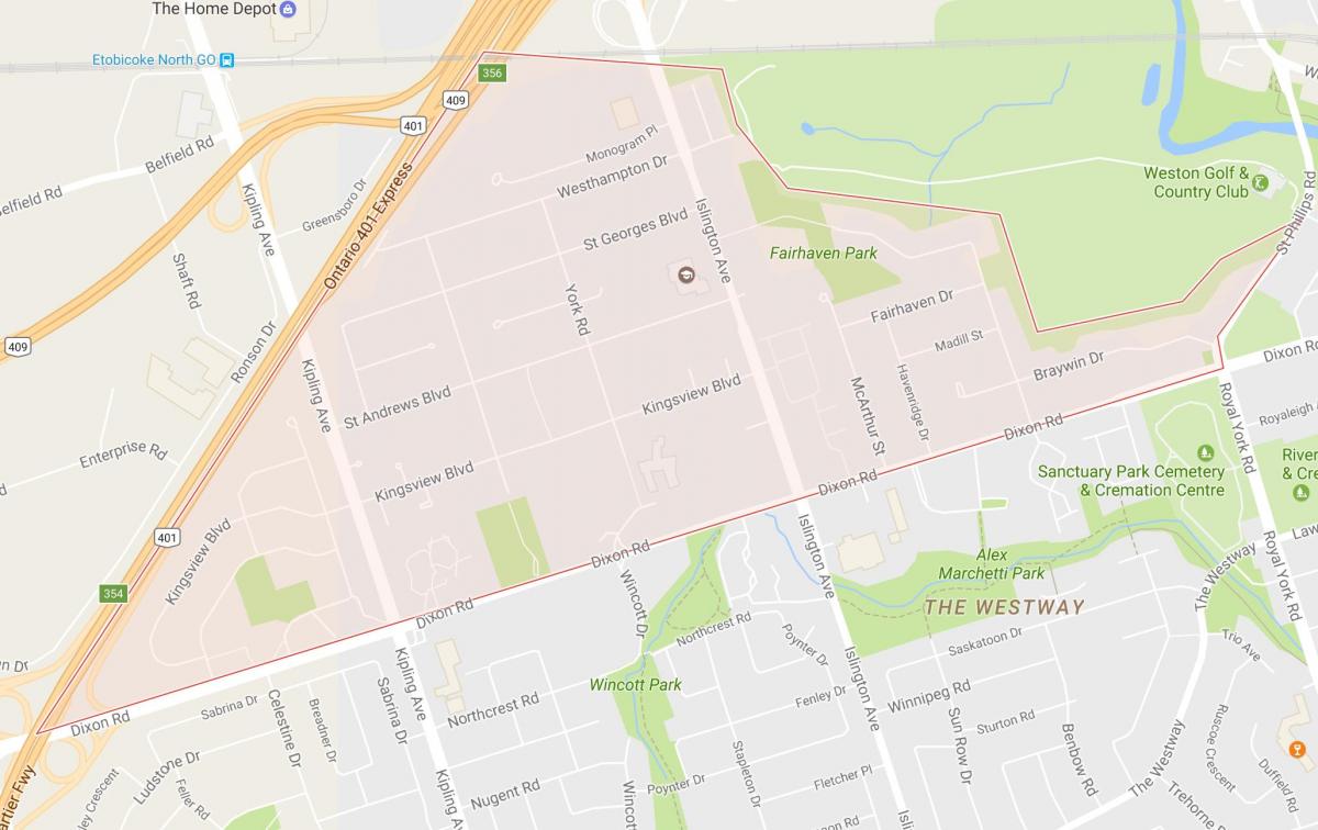 Kort over Kingsview Landsby kvarter Toronto