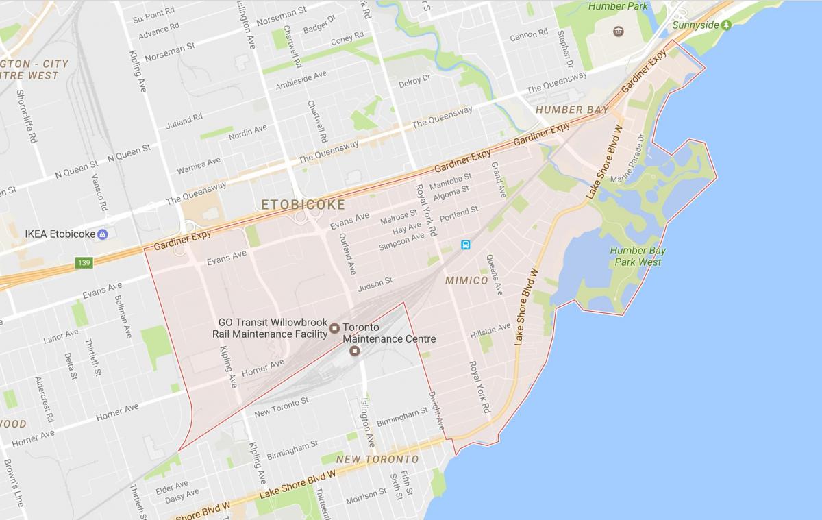 Kort over Mimico kvarter Toronto