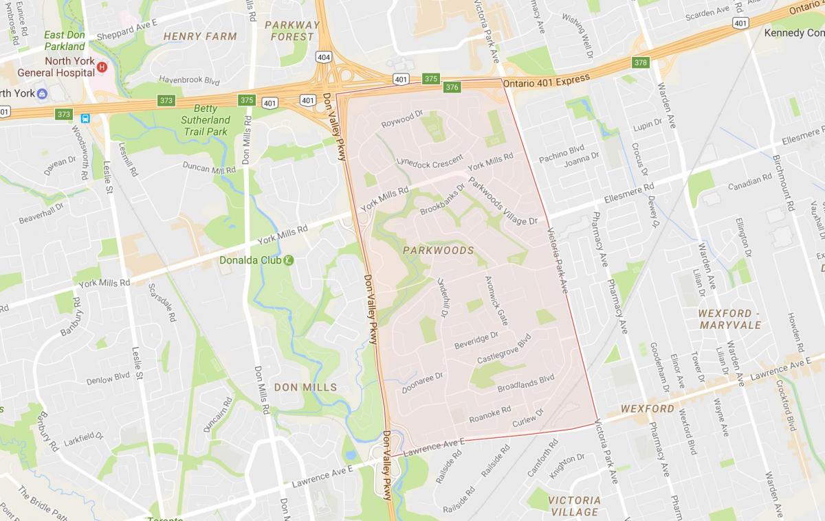 Kort over Parkwoods kvarter Toronto