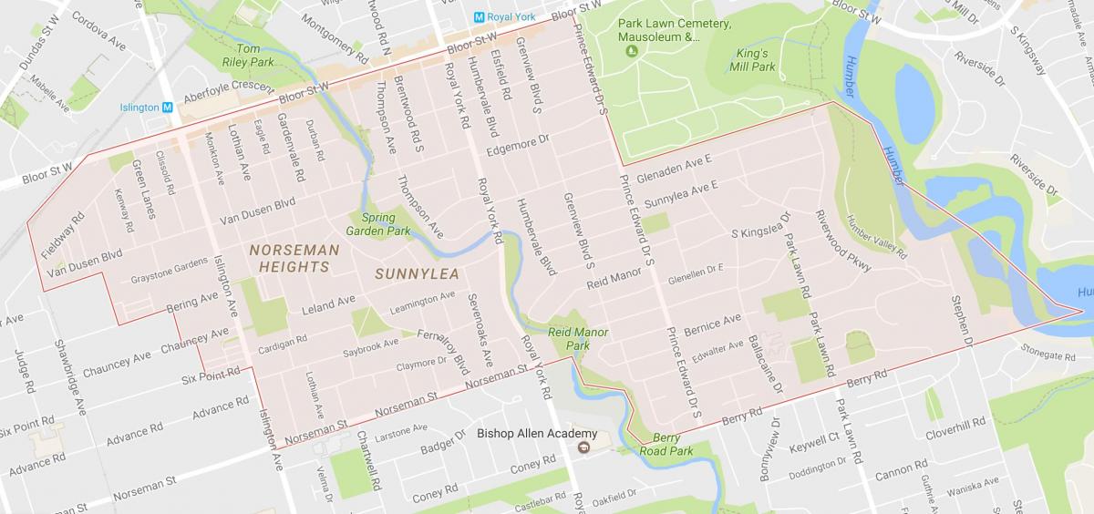 Kort over Sunnylea kvarter kvarter Toronto