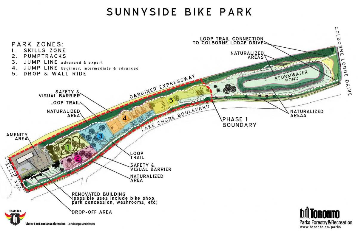 Kort over Sunnyside Bike Park zone Toronto
