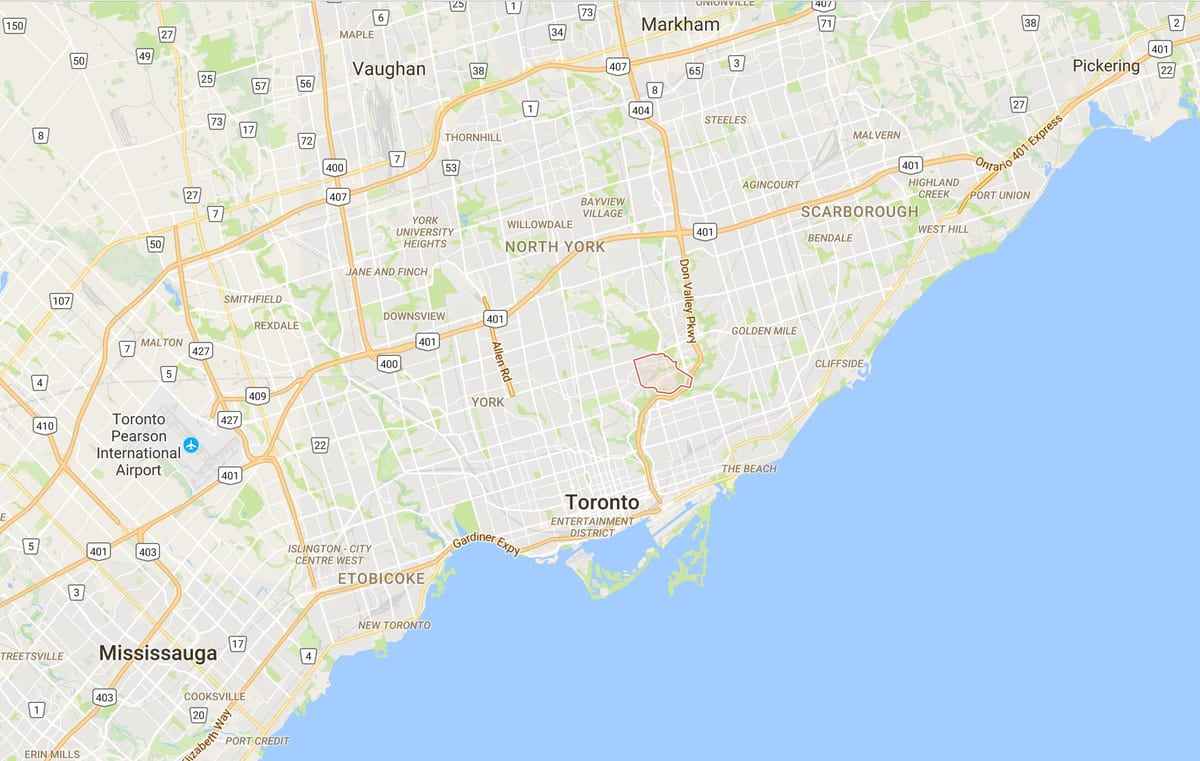 Kort over Thorncliffe Park kvarter Toronto