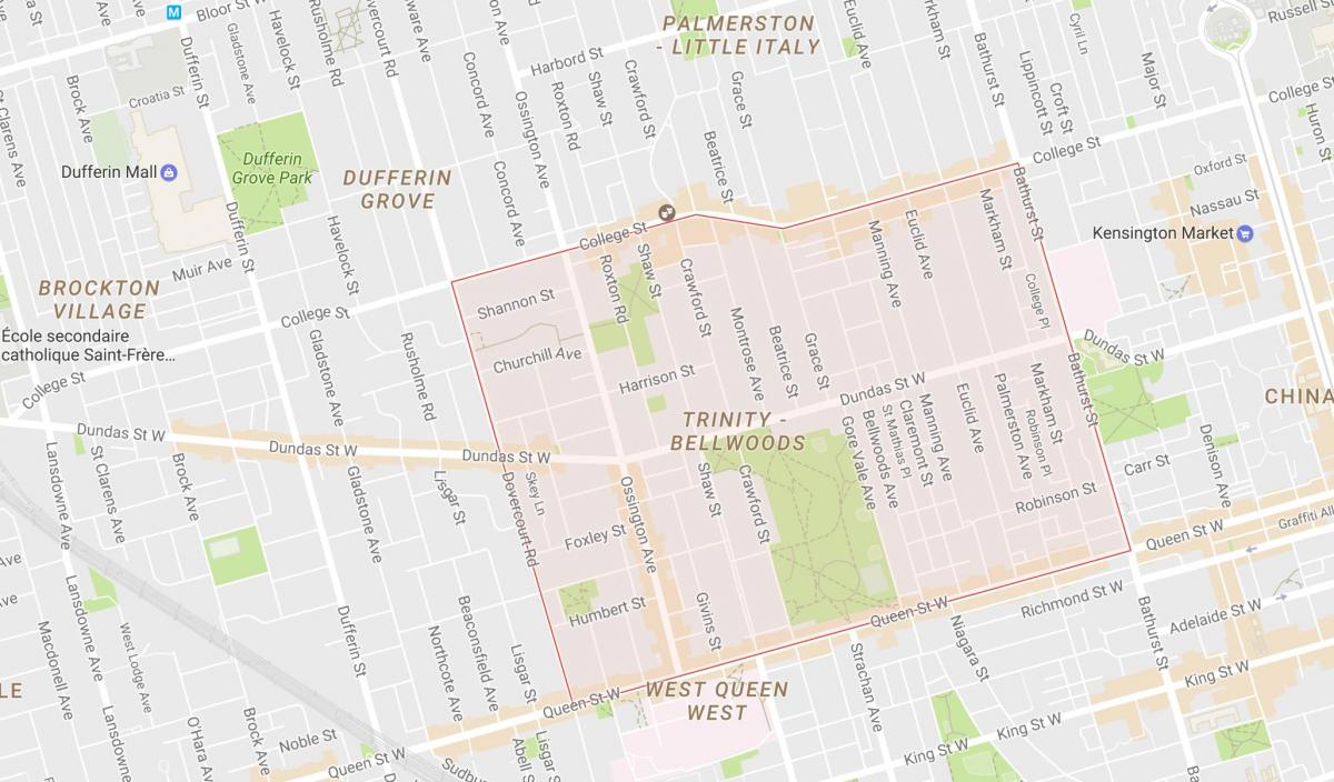 Kort over Trinity–Bellwoods kvarter Toronto