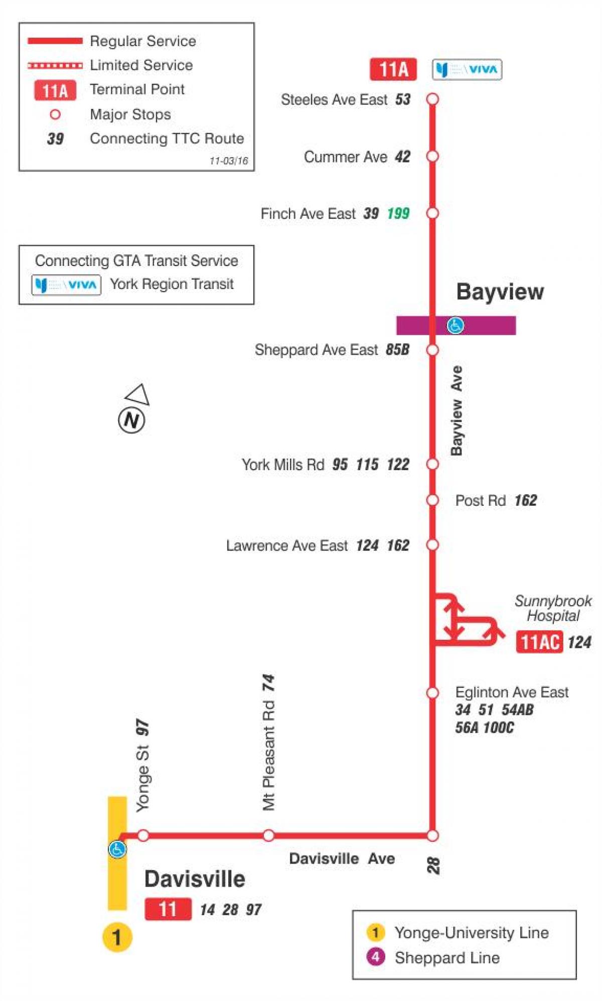 Kort TTC-11 Bayview bus rute Toronto