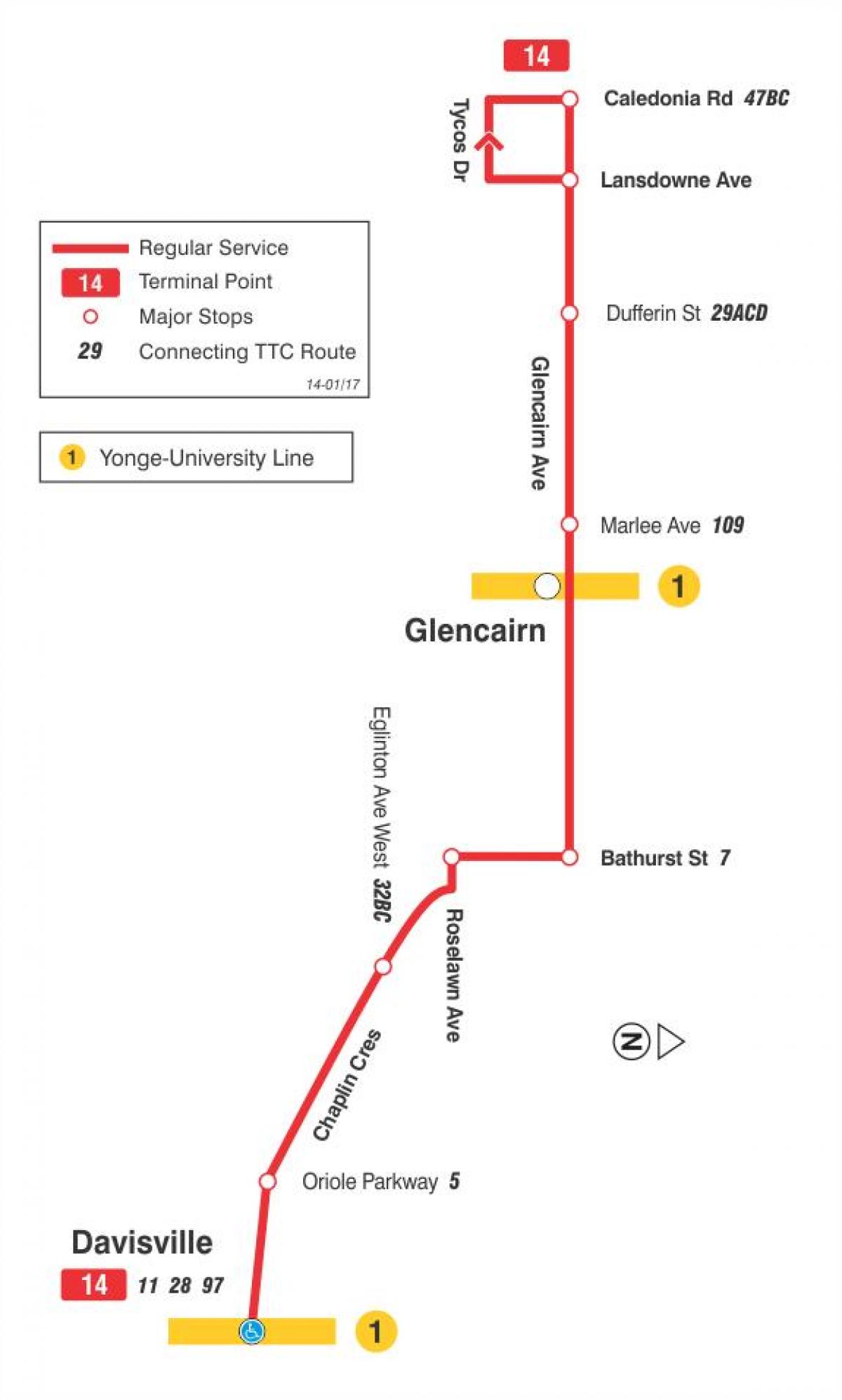 Kort TTC-14 Glencairn bus rute Toronto