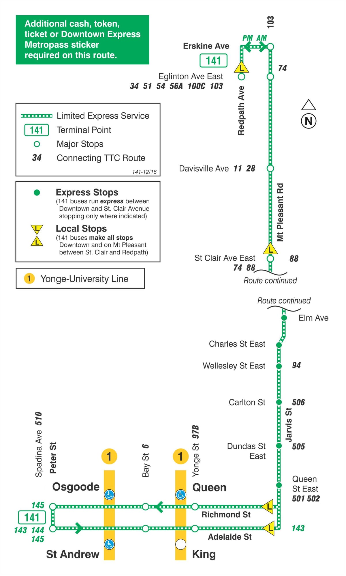 Kort TTC-141 Downtown / Mt Pleasant Hurtig bus rute Toronto