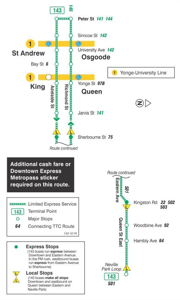 Kort TTC-143 Downtown / Strand Hurtig bus rute Toronto
