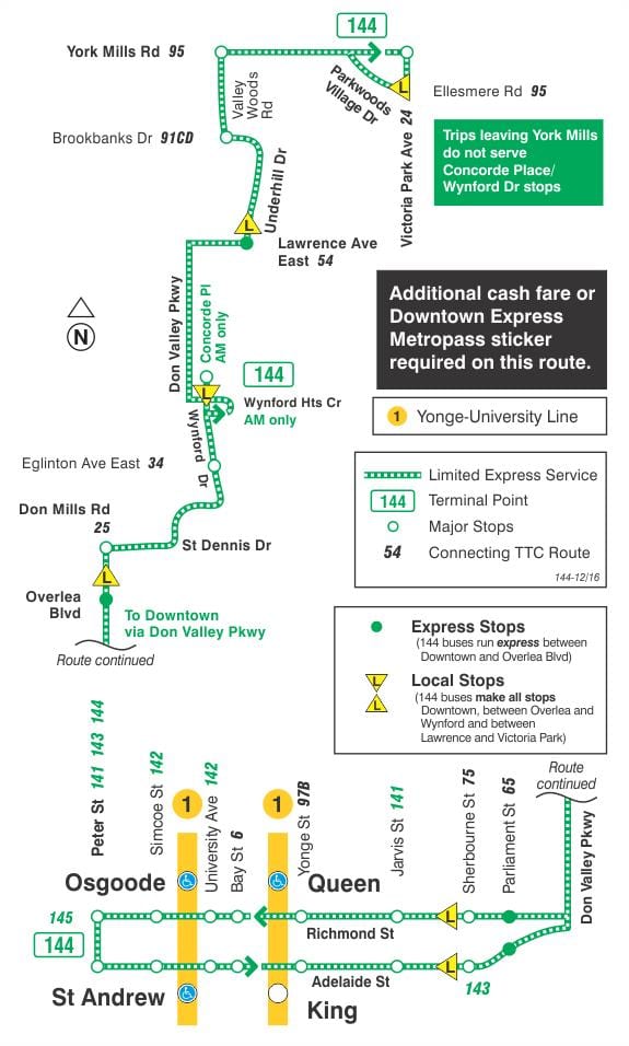 Kort TTC-144 Downtown / Don Valley Hurtig bus rute Toronto