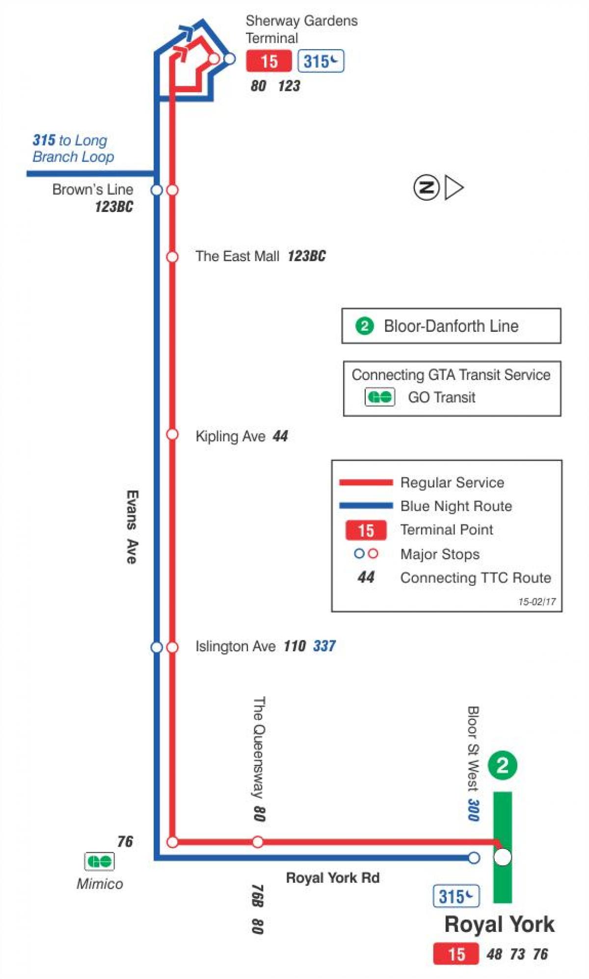 Kort TTC-15 Evans bus rute Toronto