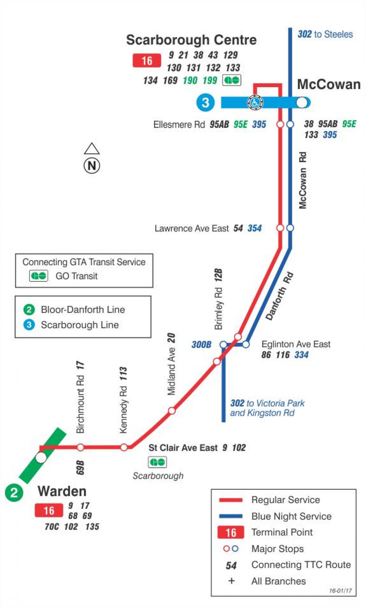 Kort TTC-16 McCowan bus rute Toronto
