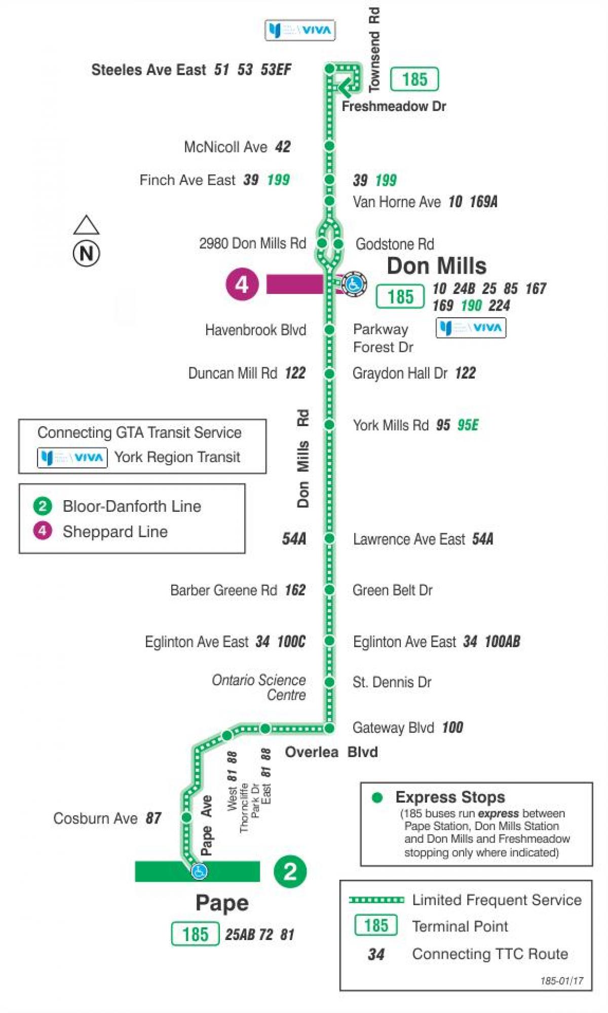 Kort TTC-185 Don Mills Raket bus rute Toronto