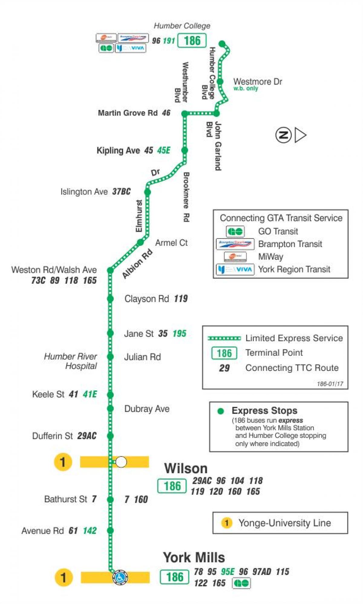 Kort TTC-186 Wilson Raket bus rute Toronto
