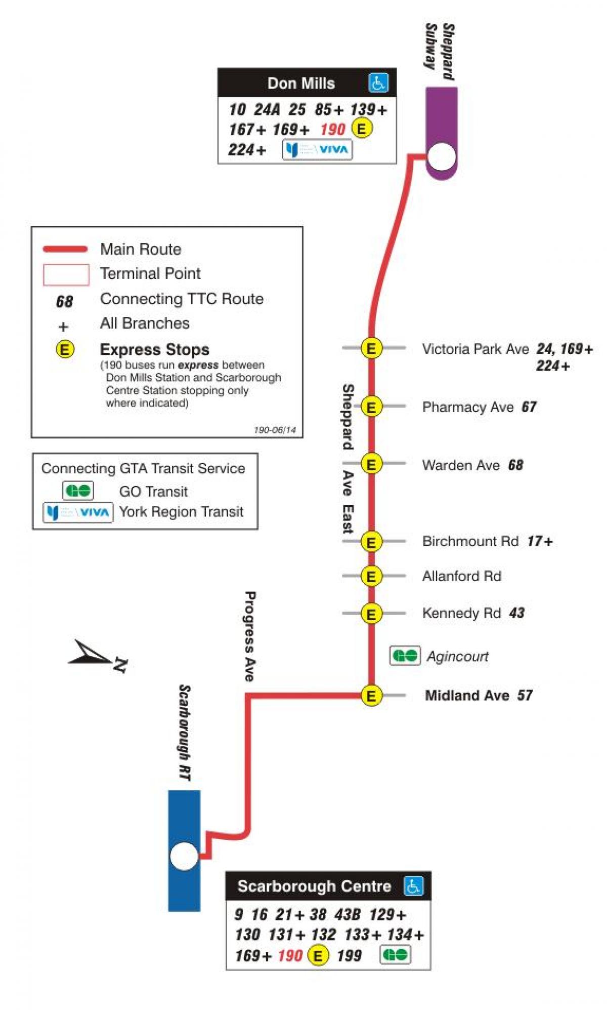 Kort TTC-190 Scarborough Centrum Raket bus rute Toronto