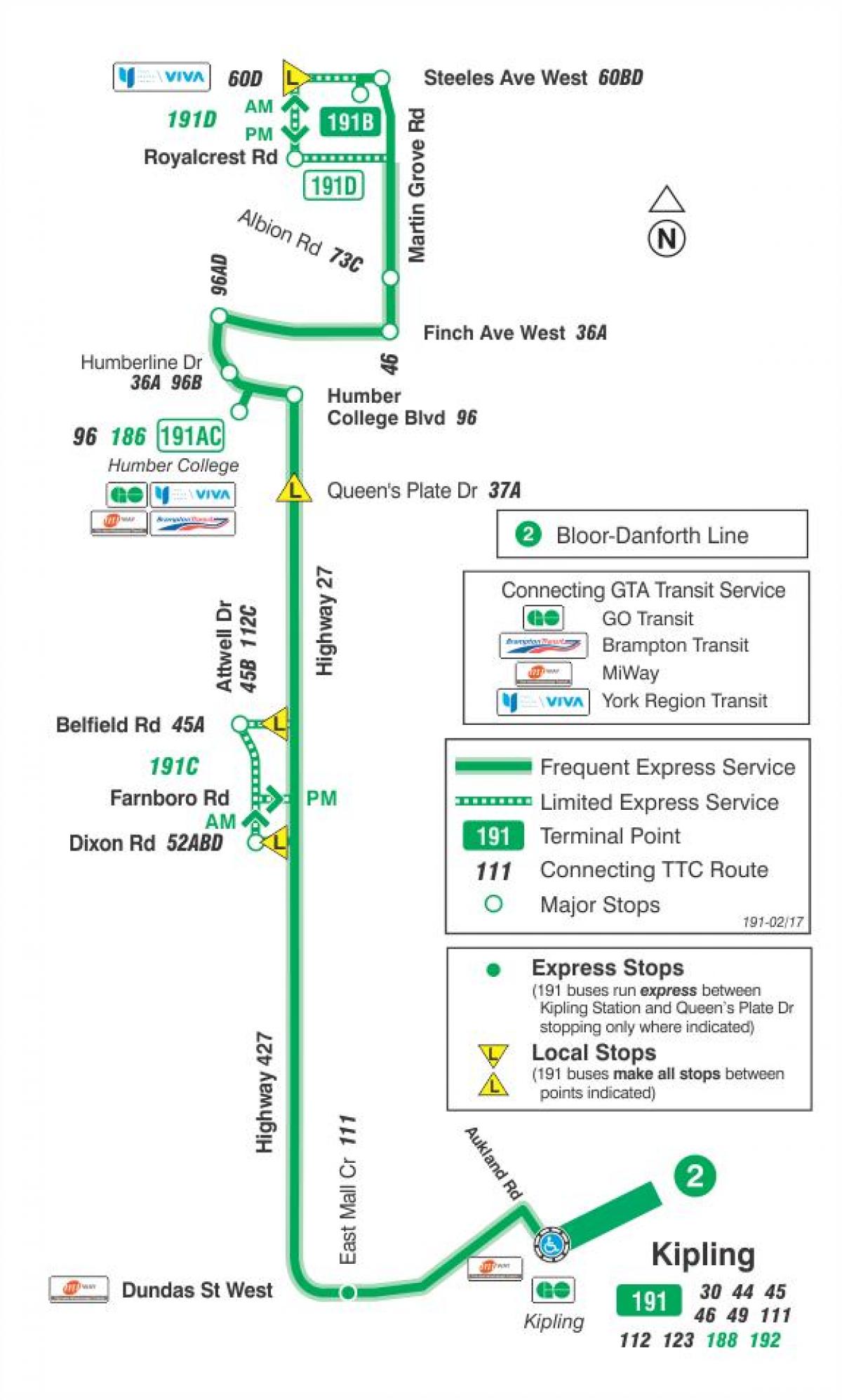 Kort TTC-191 Highway 27 Raket bus rute Toronto