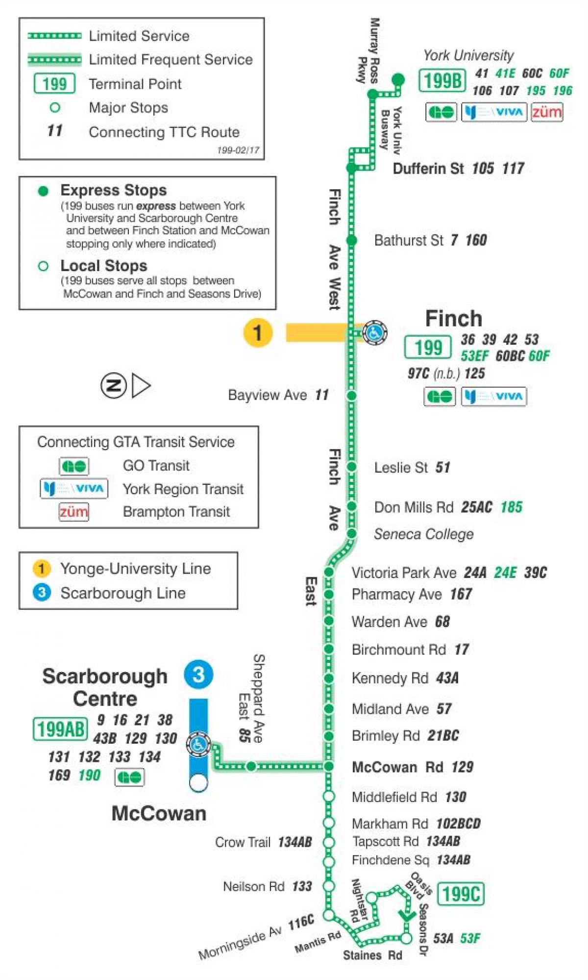 Kort TTC-199 Finch Raket bus rute Toronto