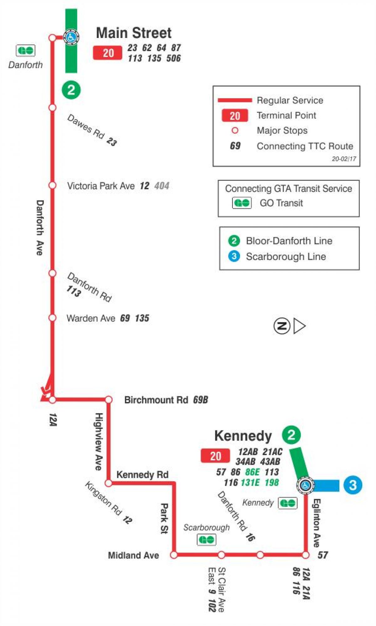 Kort TTC-20 Fjeldsiden bus rute Toronto