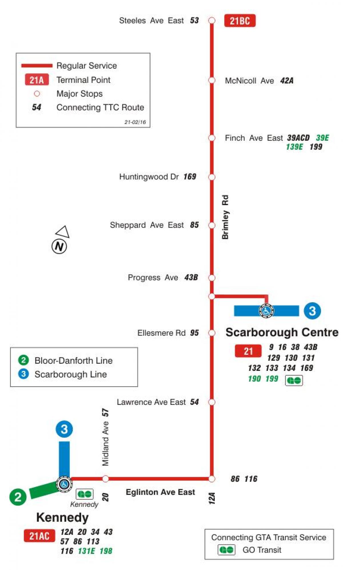 Kort TTC-21 Brimley bus rute Toronto