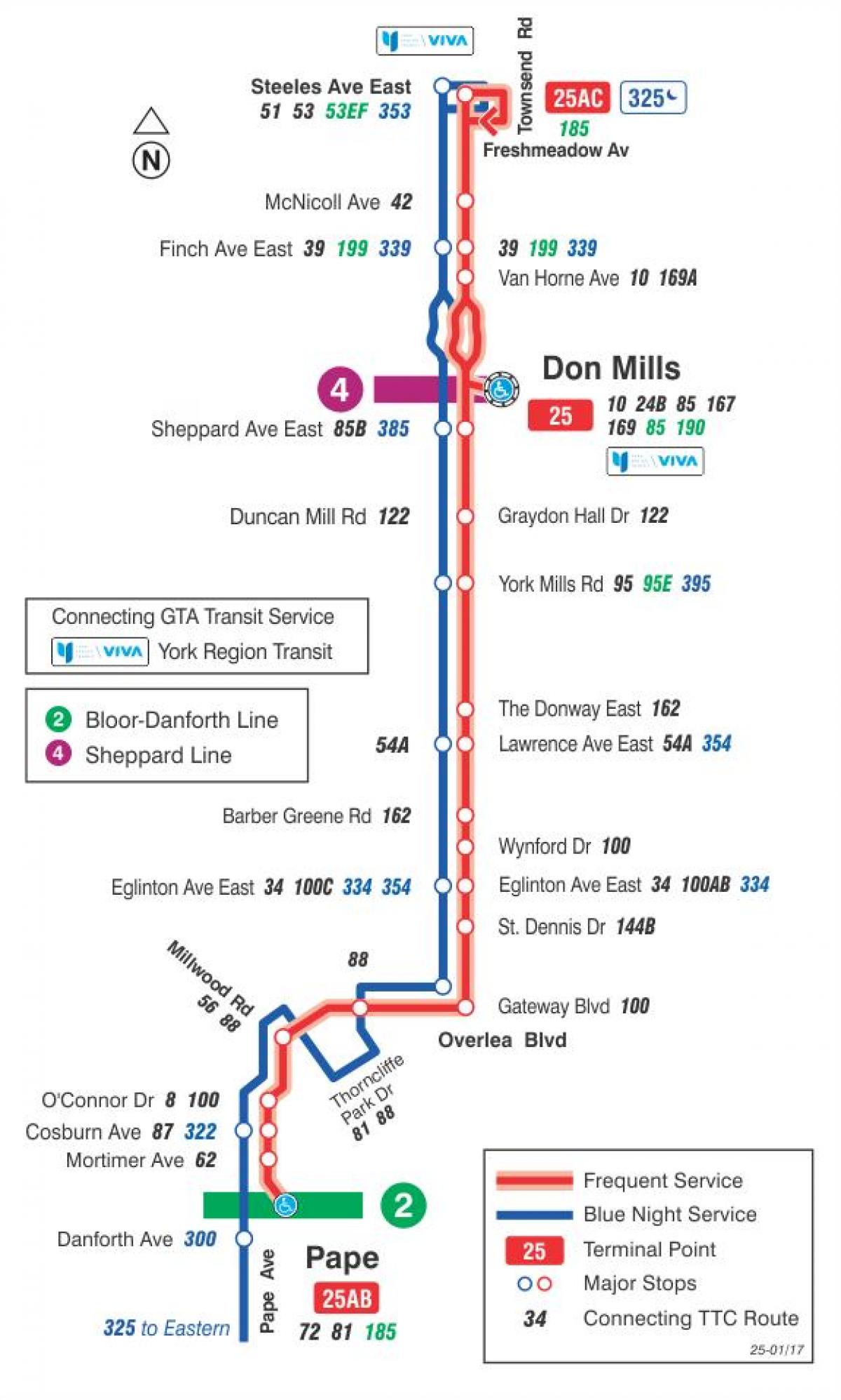 Kort TTC-25 Don Mills bus rute Toronto