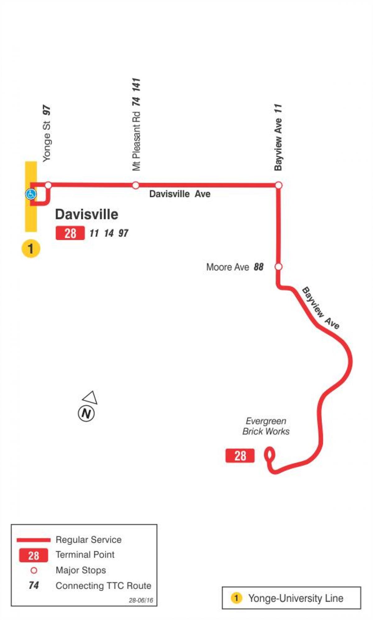 Kort TTC-28 Bayview Syd bus rute Toronto
