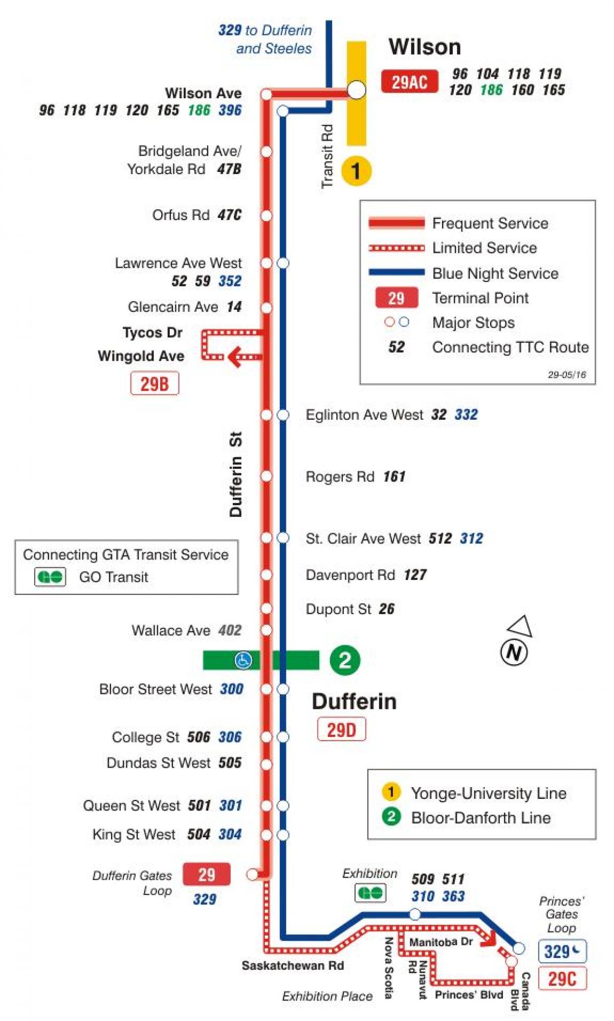 Kort TTC-29 Dufferin bus rute Toronto