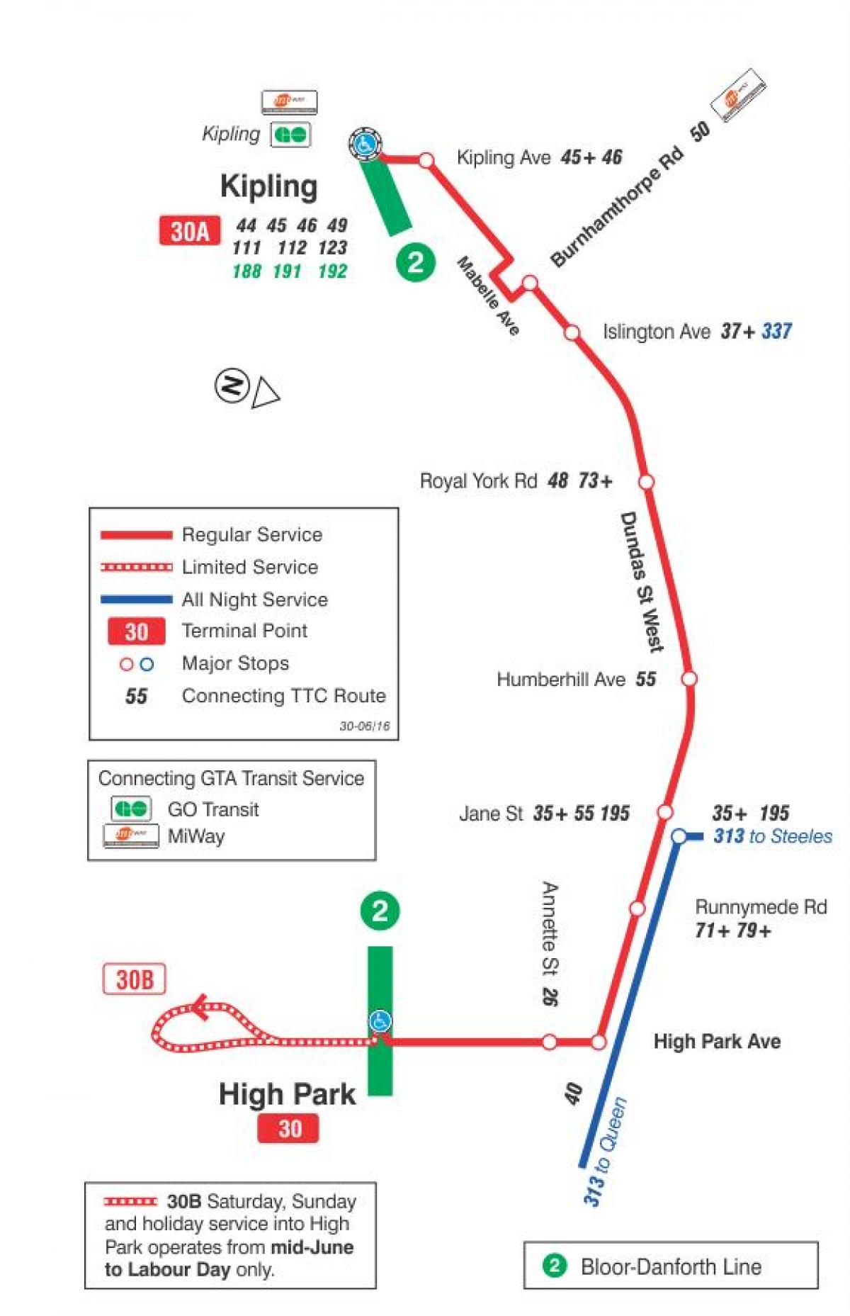 Kort TTC-30 Lambton bus rute Toronto