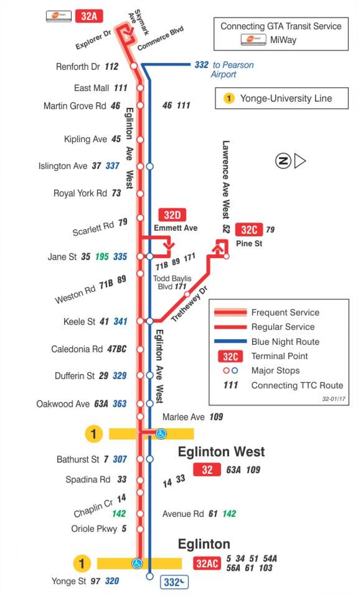 Kort TTC-32 Eglinton West bus rute Toronto