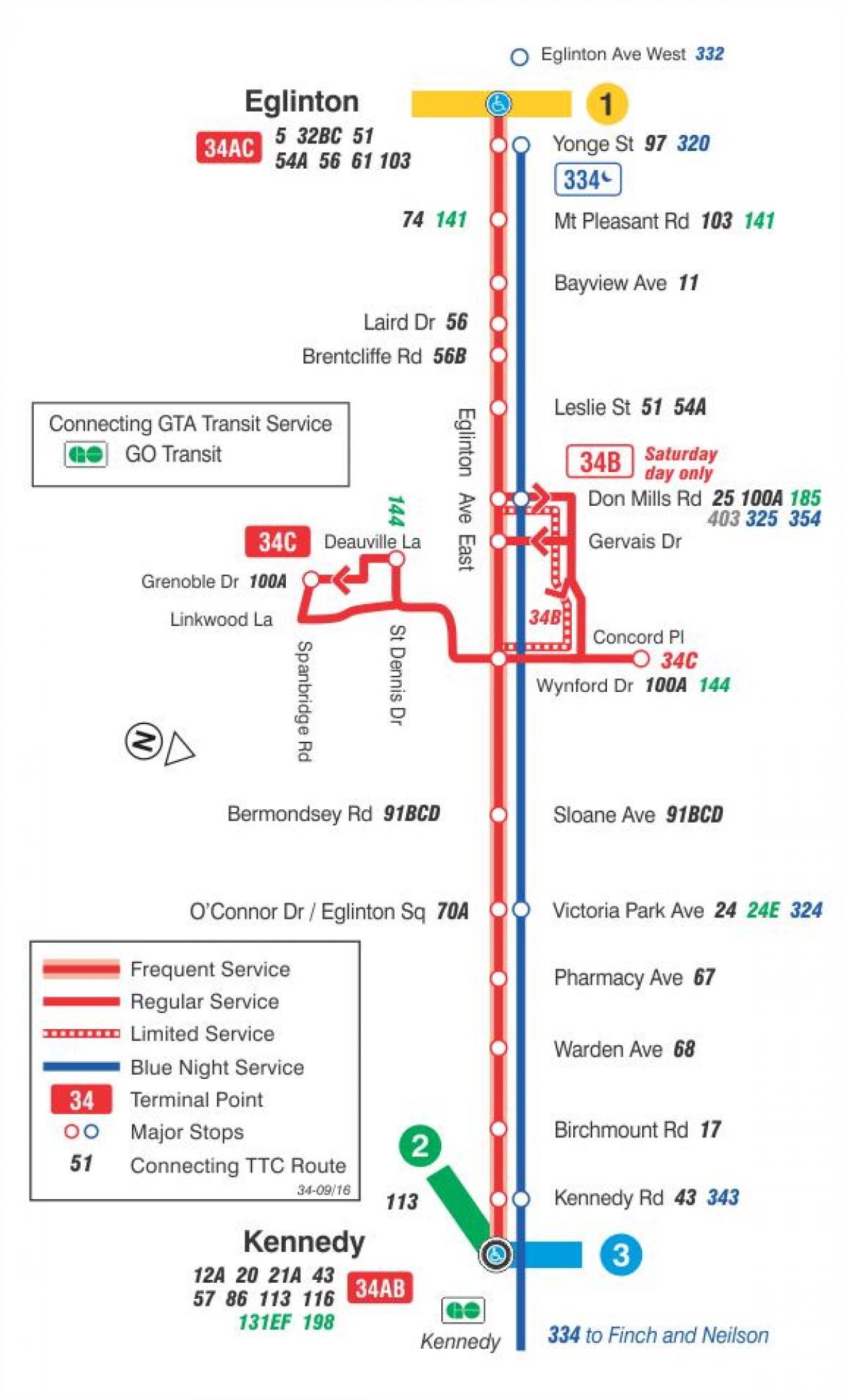 Kort TTC-34 Eglinton East bus rute Toronto