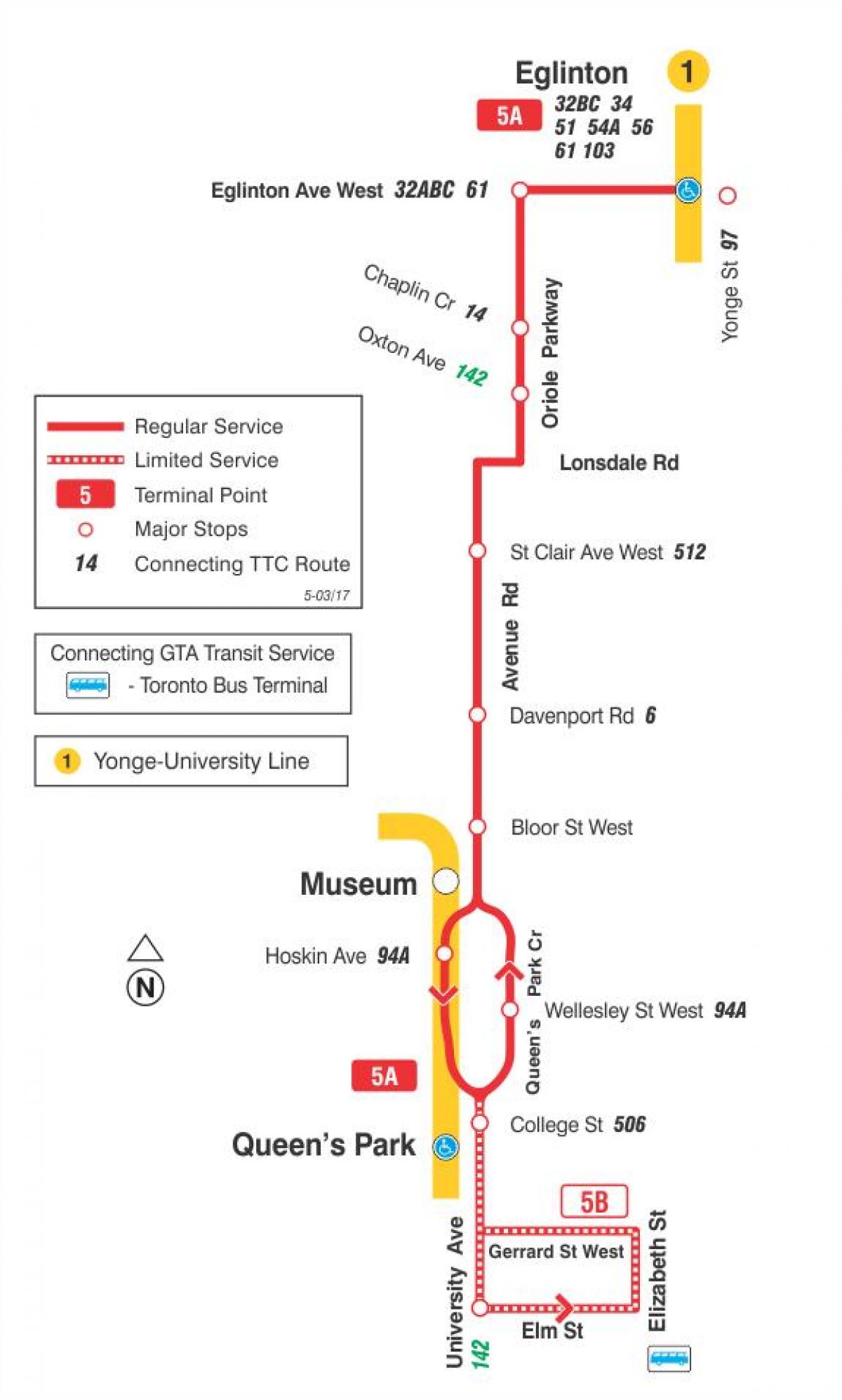 Kort TTC-5 Avenue Rd bus rute Toronto