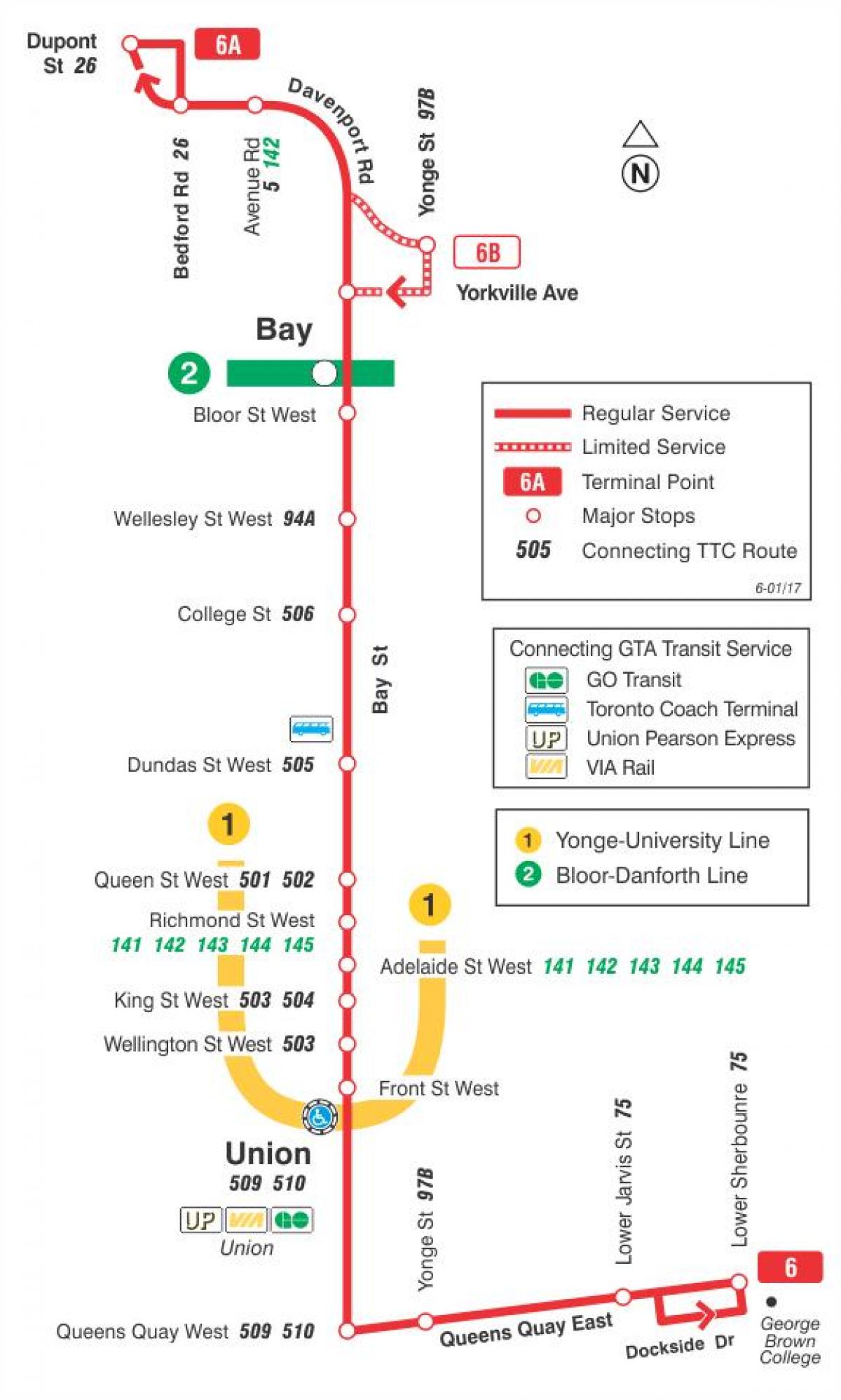 Kort TTC-6-Bugten bus rute Toronto