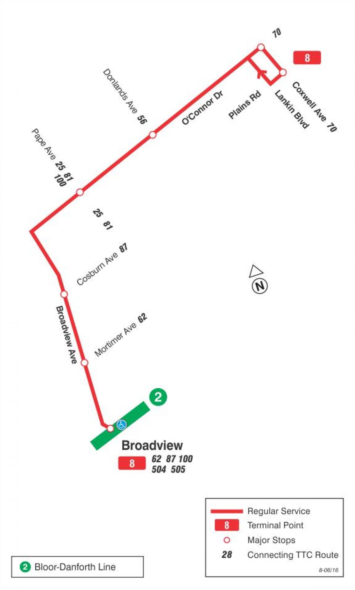 Kort TTC-8 Broadview bus rute Toronto