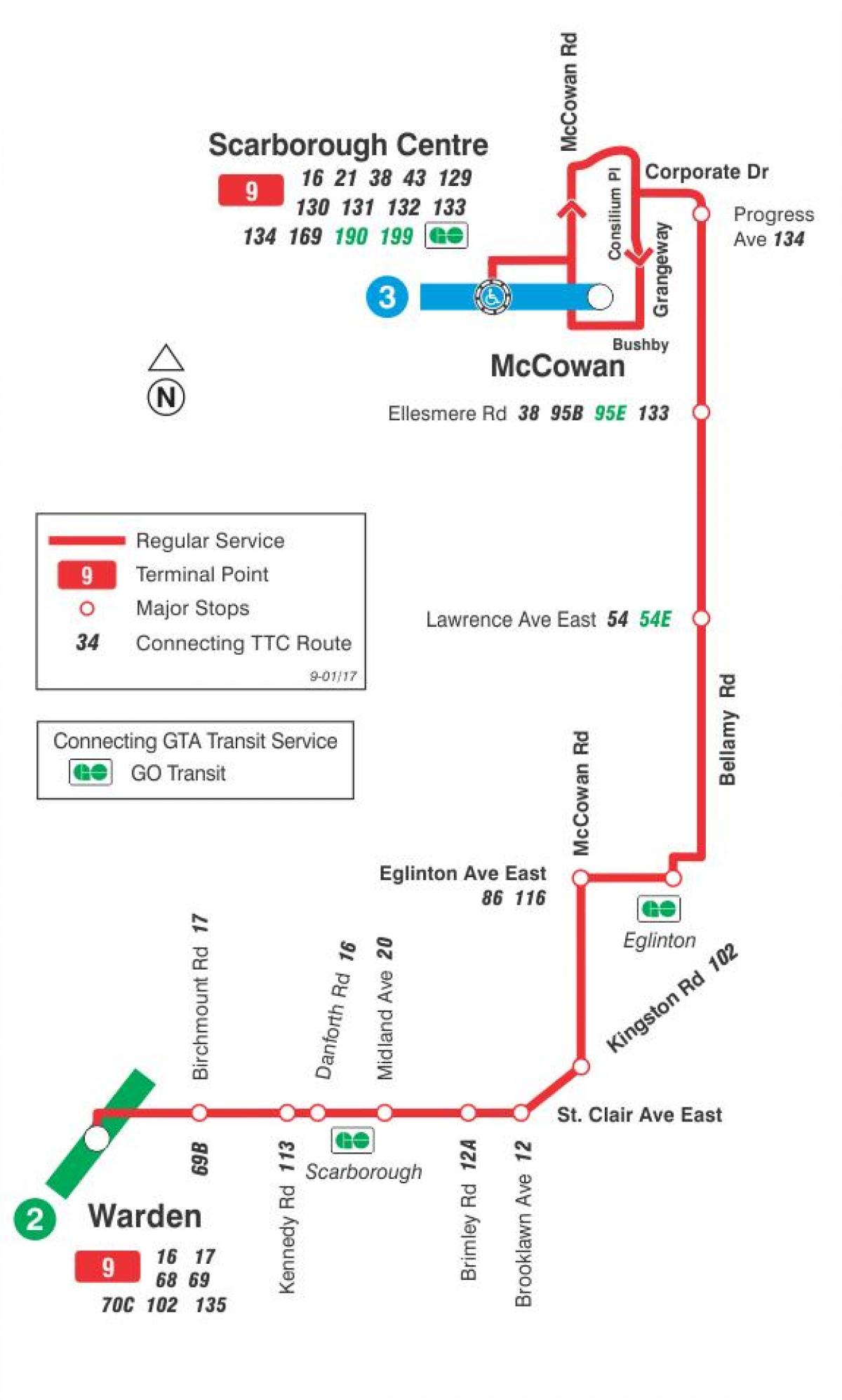 Kort TTC-9 Bellamy bus rute Toronto