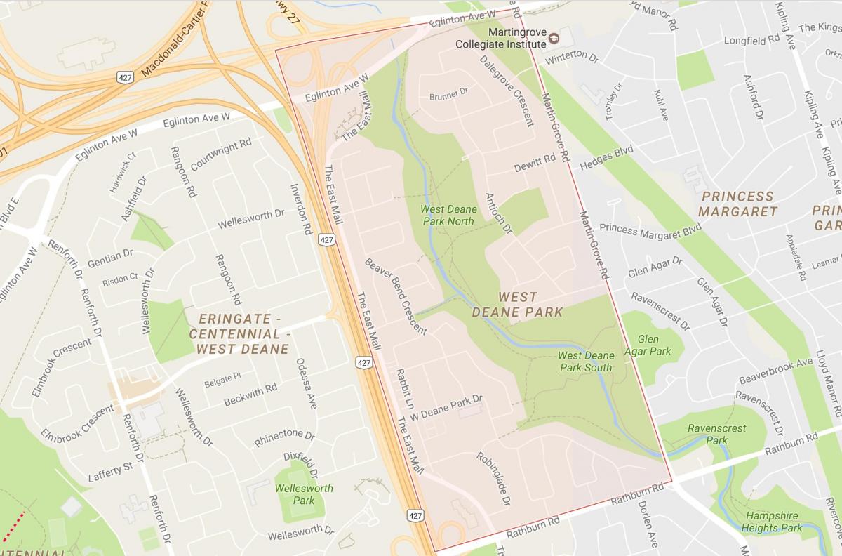Kort over Vest Deane Park kvarter Toronto