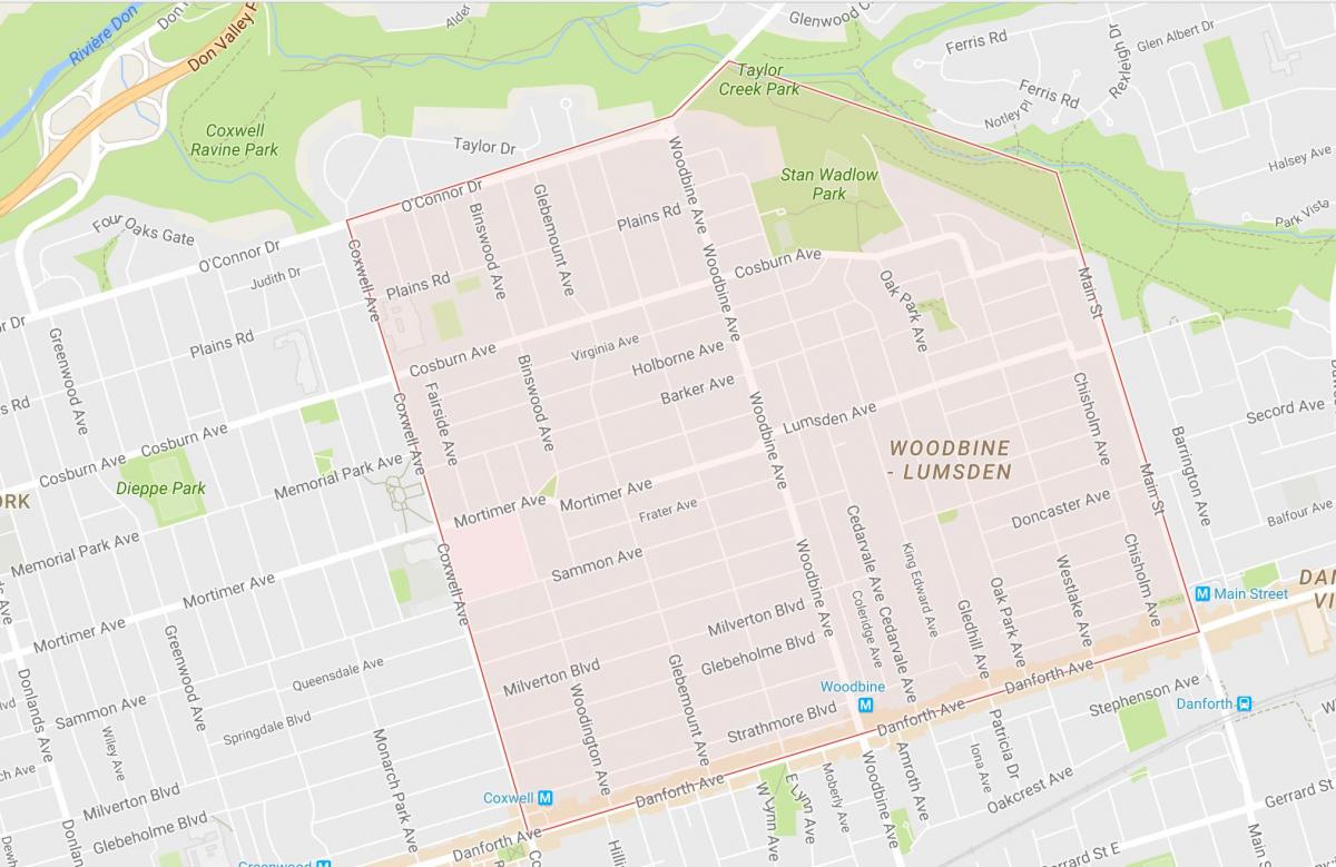 Kort over Woodbine Heights-kvarter Toronto