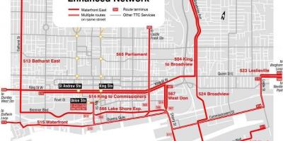 Kort over Havnefronten Øst forbedret netværk Toronto