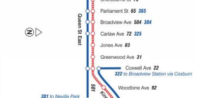 Kort over sporvogn linje 502 Downtowner