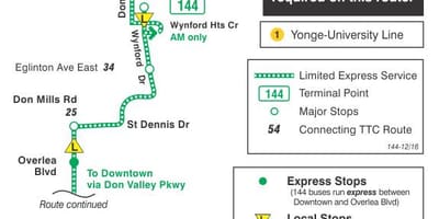 Kort TTC-144 Downtown / Don Valley Hurtig bus rute Toronto