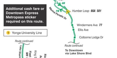 Kort TTC-145 Downtown / Humber Bay Hurtig bus rute Toronto