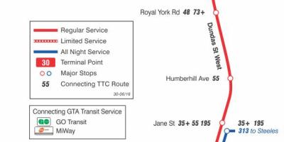 Kort TTC-30 Lambton bus rute Toronto