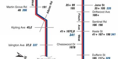 Kort TTC-36 Finch West bus rute Toronto