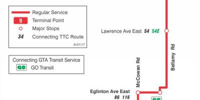 Kort TTC-9 Bellamy bus rute Toronto